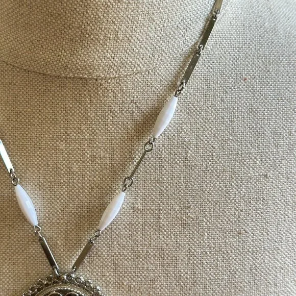 Vintage Silver Chandelier Pendant Necklace With White Beads & Teardrop Accents - Picture 5 of 9